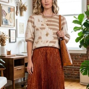 Isaac Mizrahi Sweater L Brown Floral Short Sleeve Pullover Western Boho